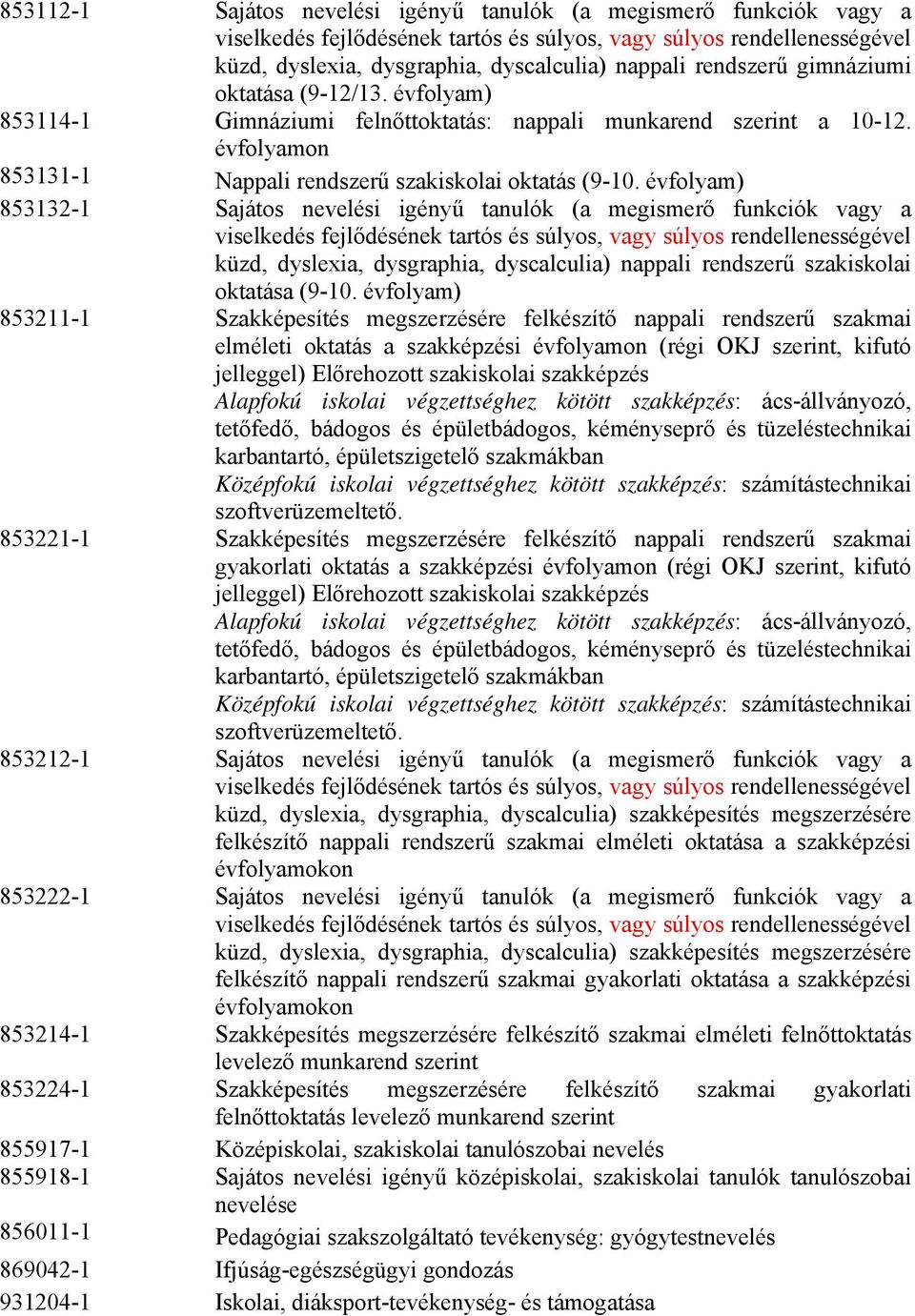 évfolyam) 853132-1 Sajátos nevelési igényű tanulók (a megismerő funkciók vagy a küzd, dyslexia, dysgraphia, dyscalculia) nappali rendszerű szakiskolai oktatása (9-10.