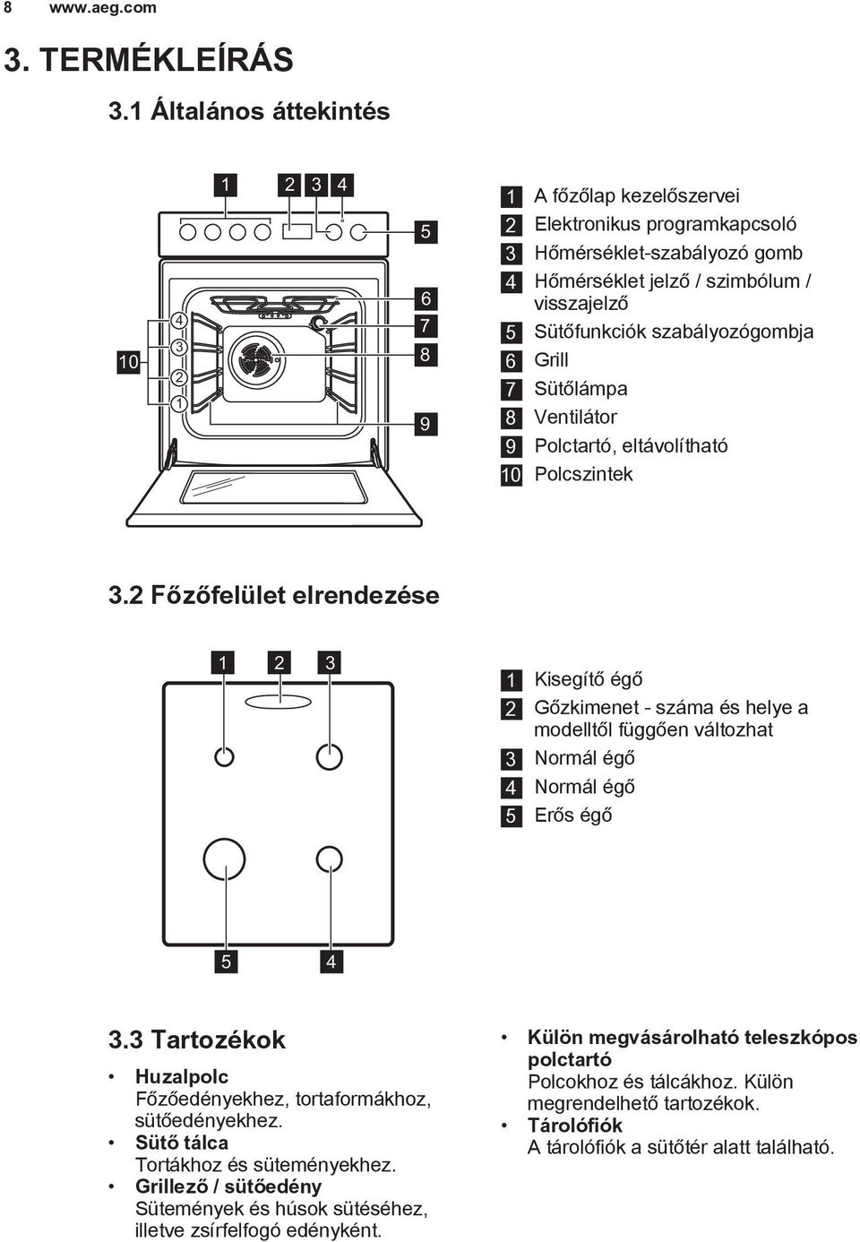 szabályozógombja 6 Grill 7 Sütőlámpa 8 Ventilátor 9 Polctartó, eltávolítható 10 Polcszintek 3.