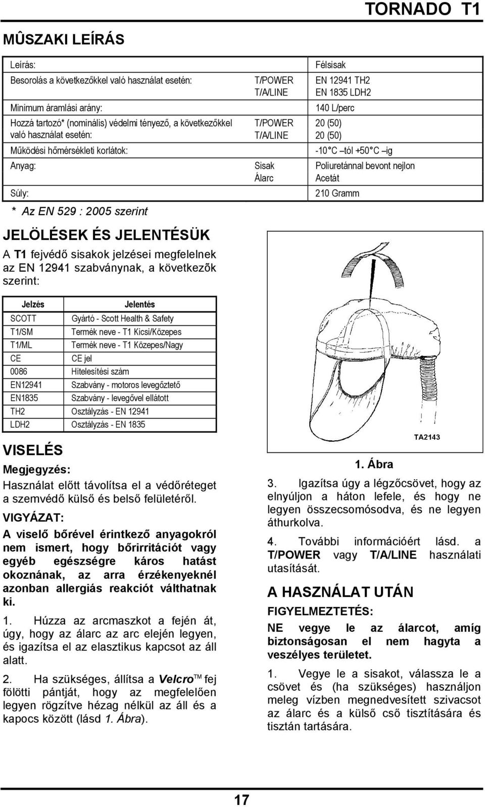 529 : 2005 szerint JELÖLÉSEK ÉS JELENTÉSÜK A T1 fejvédő sisakok jelzései megfelelnek az EN 12941 szabványnak, a következõk szerint: Jelzés Jelentés SCOTT Gyártó - Scott Health & Safety T1/SM Termék