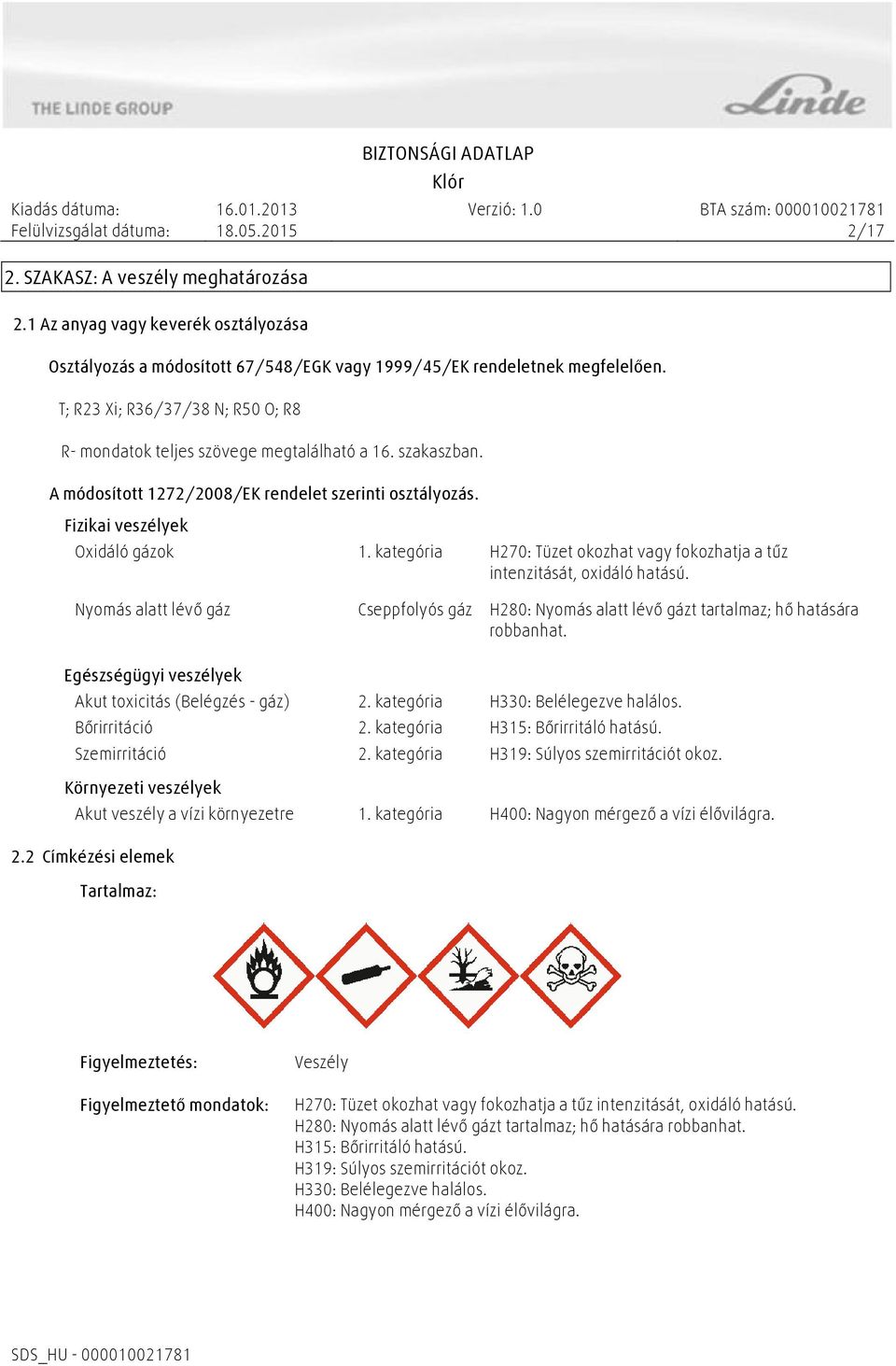 kategória H270: Tüzet okozhat vagy fokozhatja a tűz intenzitását, oxidáló hatású. Nyomás alatt lévő gáz Cseppfolyós gáz H280: Nyomás alatt lévő gázt tartalmaz; hő hatására robbanhat.