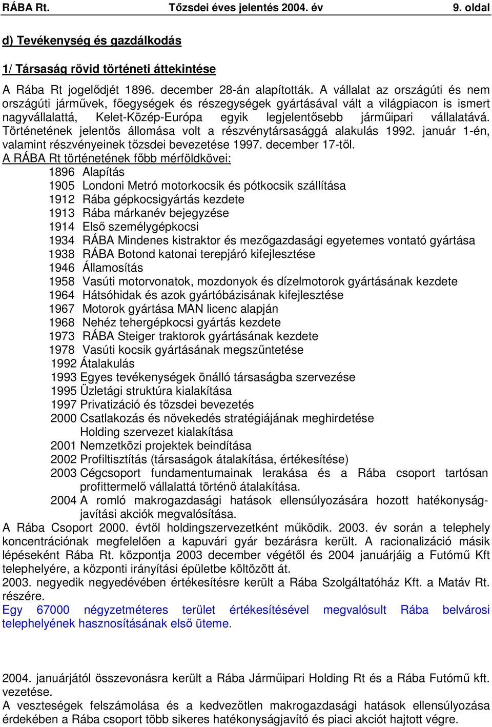 Történetének jelentıs állomása volt a részvénytársasággá alakulás 1992. január 1-én, valamint részvényeinek tızsdei bevezetése 1997. december 17-tıl.