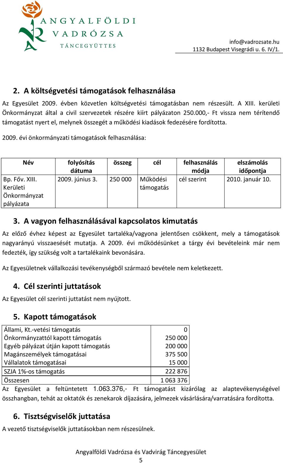 évi önkormányzati támogatások felhasználása: Név Bp. Főv. XIII. Kerületi Önkormányzat pályázata folyósítás dátuma összeg cél felhasználás módja elszámolás időpontja 2009. június 3.