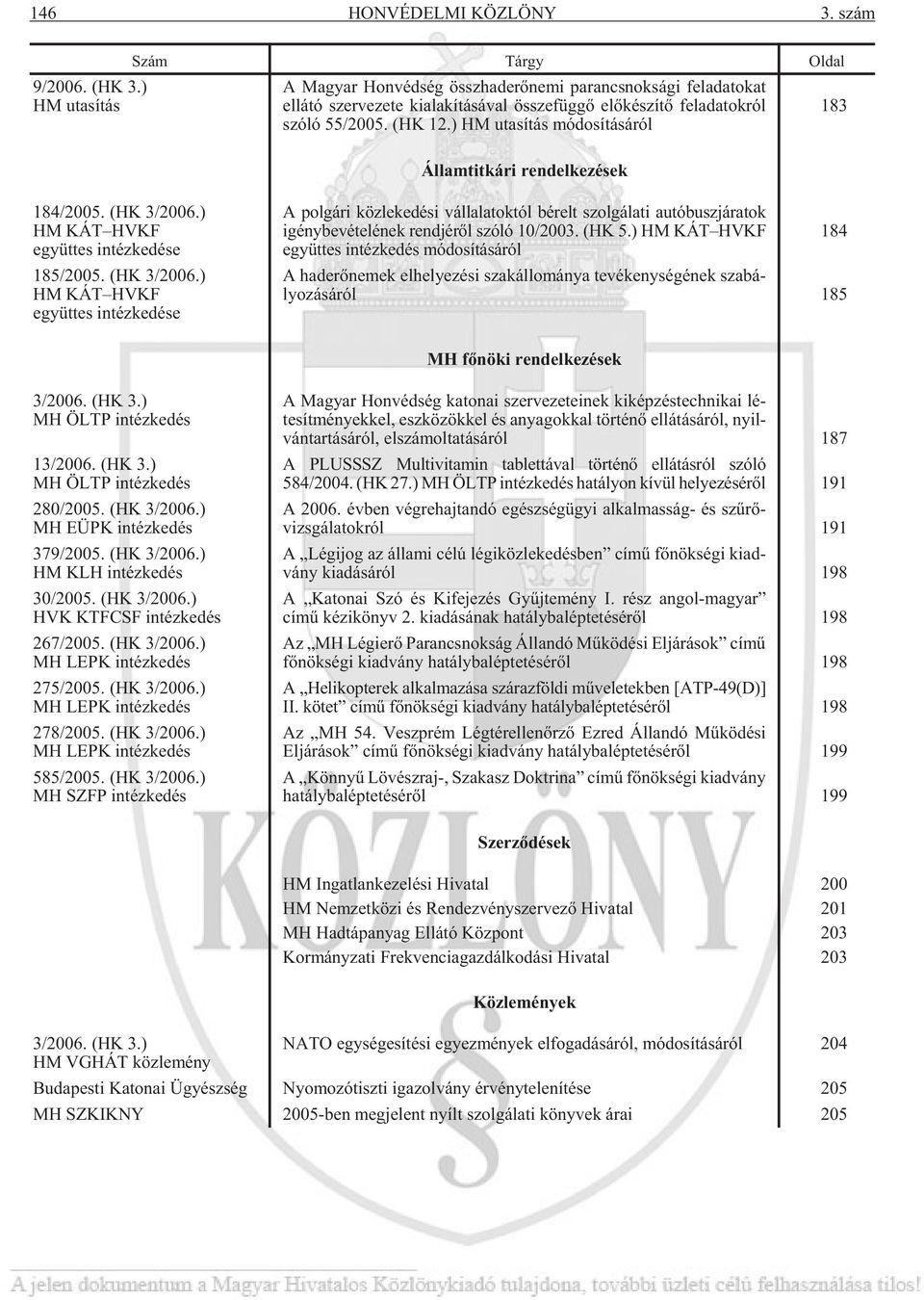 szóló 55/2005. (HK 12.) HM uta sí tás mó do sí tá sá ról 183 Ál lam tit ká ri ren del ke zé sek 184/2005. (HK 3/2006.