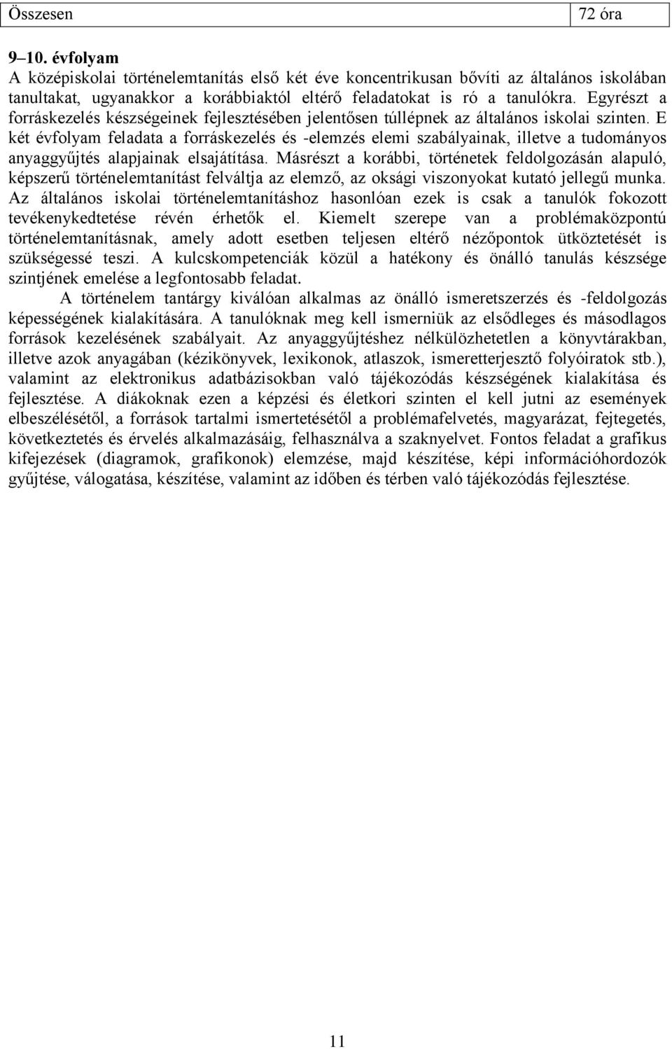 E két évfolyam feladata a forráskezelés és -elemzés elemi szabályainak, illetve a tudományos anyaggyűjtés alapjainak elsajátítása.