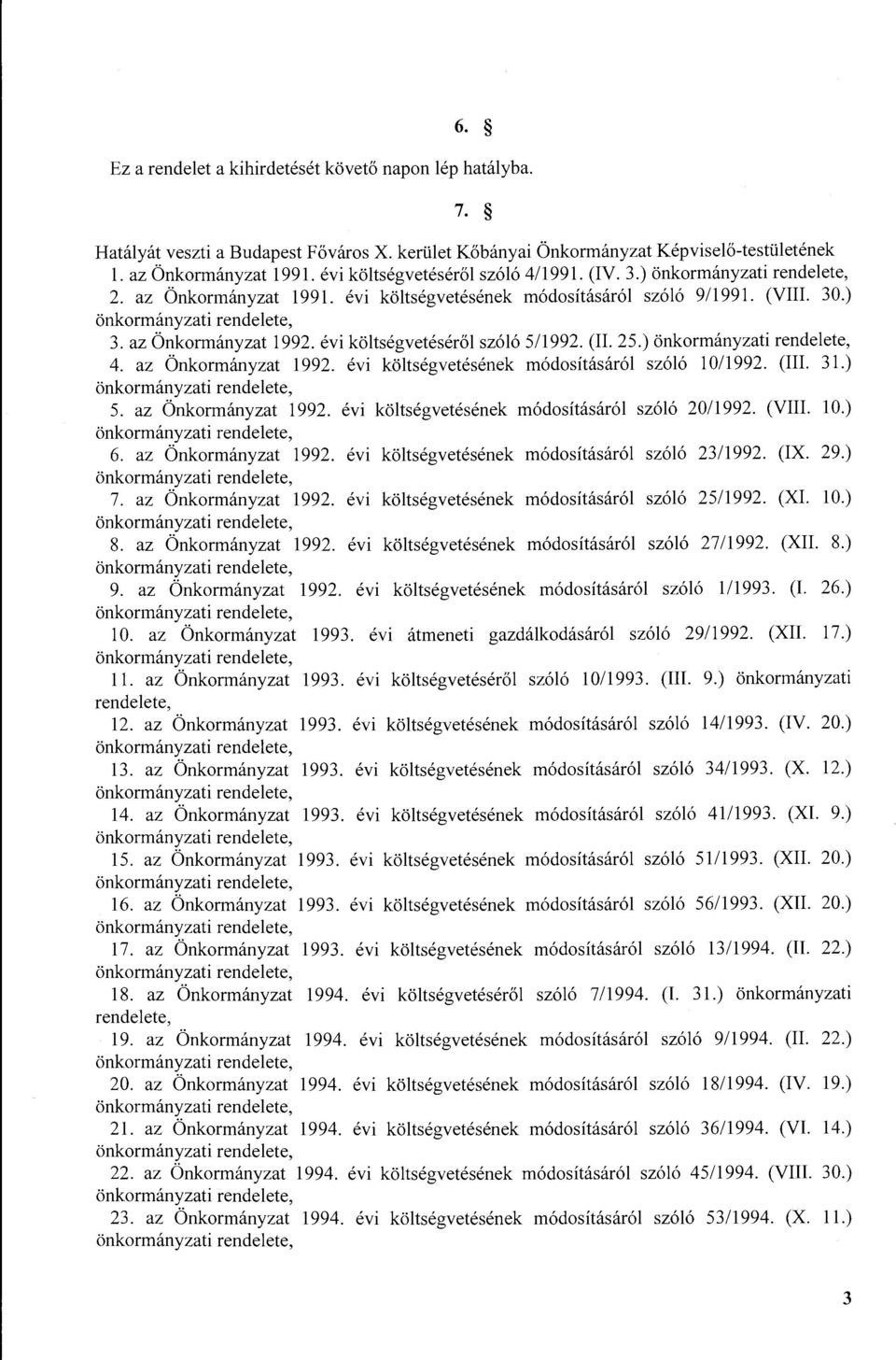 az Önkrmányzat 1992. évi költségvetésének módsításáról szóló l 0/1992. (III. 31.) 5. az Önkrmányzat 1992. évi költségvetésének módsításáról szóló 20/1992. (VIII. 10.) 6. az Önkrmányzat 1992. évi költségvetésének módsításáról szóló 23/1992.