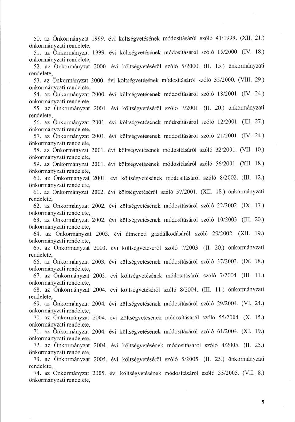 (IV. 24.) 55. az Önkrmányzat 2001. évi költségvetéséről szóló 7/2001. (IL 20.) önkrmányzati rendelete, 56. az Önkrmányzat 2001. évi költségvetésének módsításáról szóló 12/2001. (III. 27.) 57.