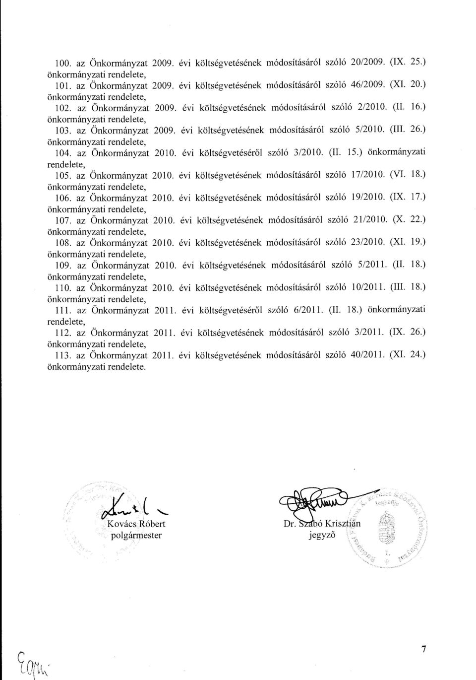 az Önkrmányzat 2010. évi költségvetésének módsításáról szóló 17/2010. (VI. 18.) 106. az Önkrmányzat 2010. évi költségvetésének módsításáról szóló 19/2010. (IX. 17.) 107. az Önkrmányzat 2010. évi költségvetésének módsításáról szóló 21/2010.