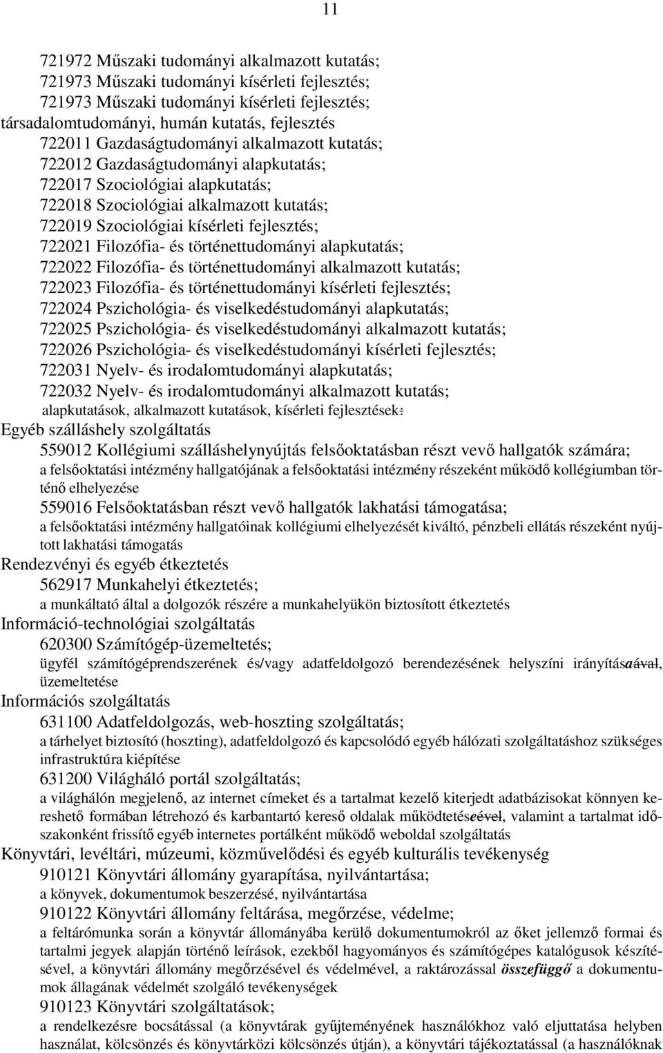 Filozófia- és történettudományi alapkutatás; 722022 Filozófia- és történettudományi alkalmazott kutatás; 722023 Filozófia- és történettudományi kísérleti fejlesztés; 722024 Pszichológia- és