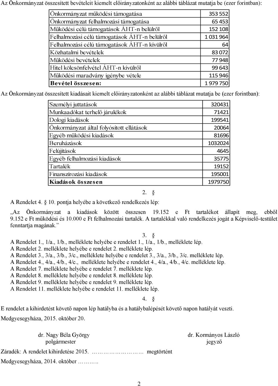 kívülről 99 643 Működési maradvány igénybe vétele 115 946 Bevétel összesen: 1 979 750 Az Önkormá összesített kiadásait kiemelt előiráonként az alábbi tábláz mutja be (ezer forintban): Személyi