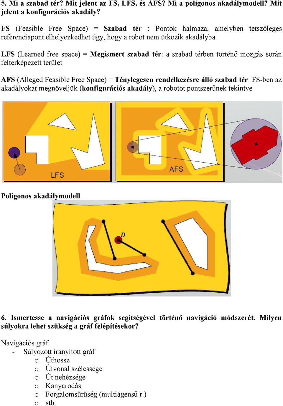 szabad térben történő mozgás során feltérképezett terület AFS (Alleged Feasible Free Space) = Ténylegesen rendelkezésre álló szabad tér: FS-ben az akadályokat megnöveljük (konfigurációs akadály), a