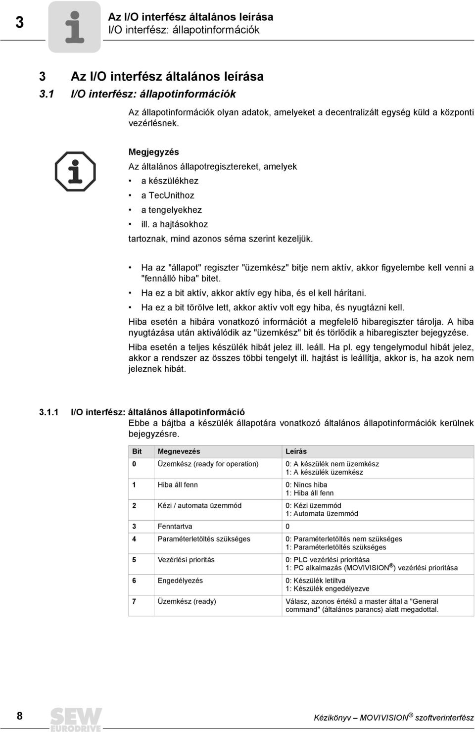 Megjegyzés Az általános állapotregisztereket, amelyek a készülékhez a TecUnithoz a tengelyekhez ill. a hajtásokhoz tartoznak, mind azonos séma szerint kezeljük.