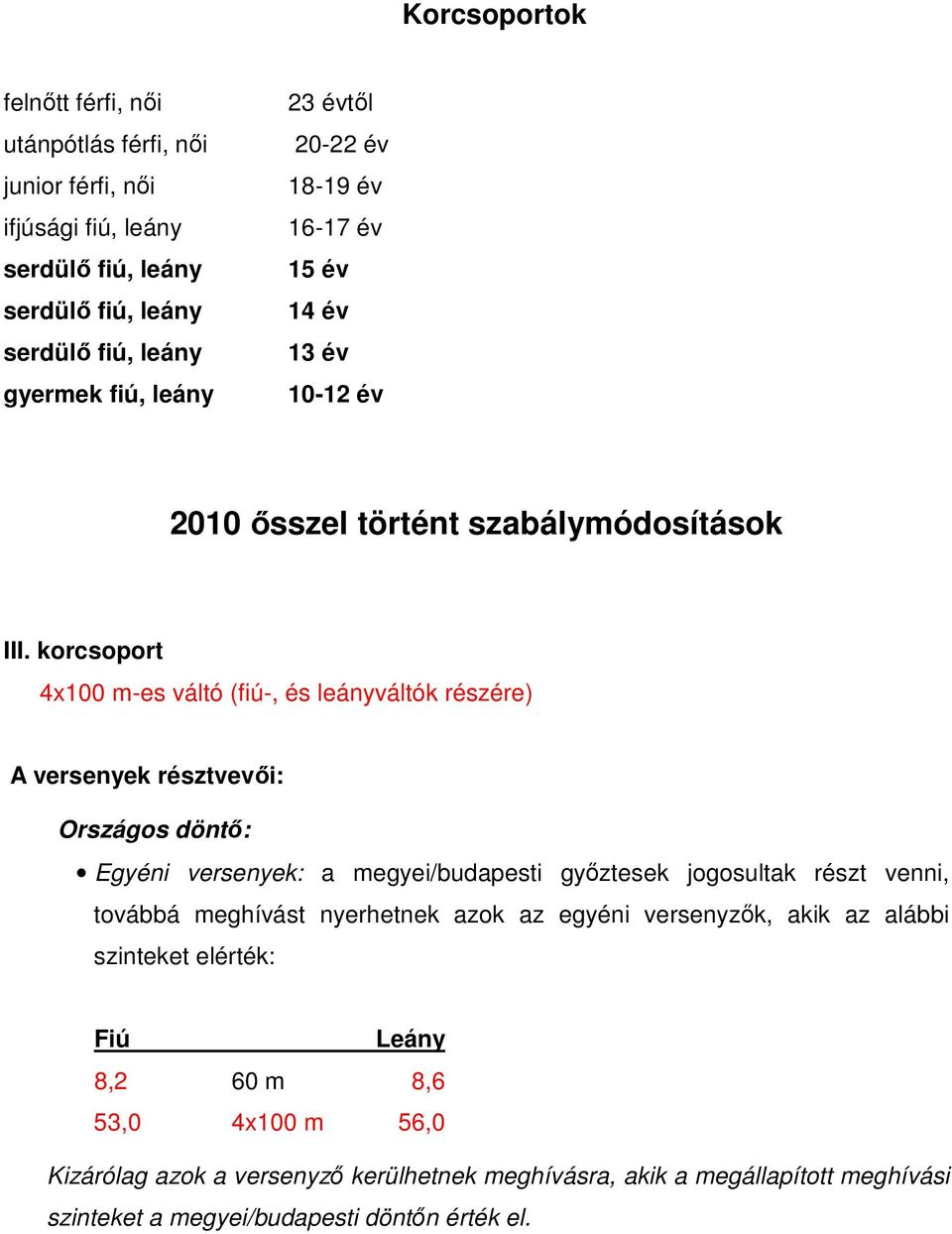 korcsoport 4x100 m-es váltó (fiú-, és leányváltók részére) A versenyek résztvevői: Országos döntő: Egyéni versenyek: a megyei/budapesti győztesek jogosultak részt venni,