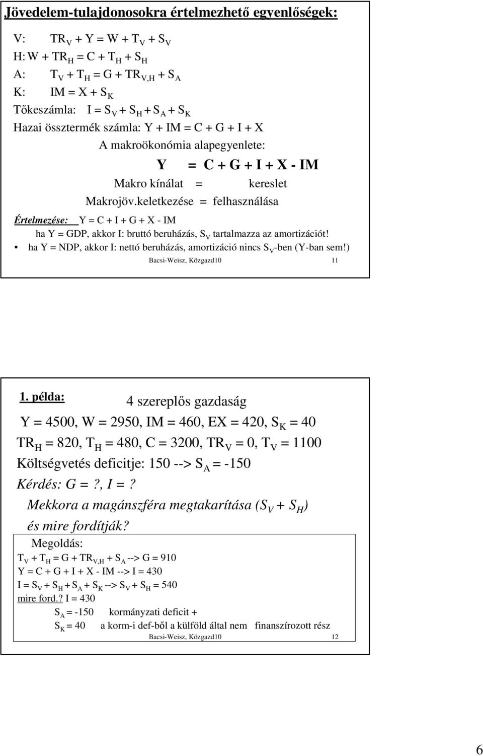 keletkezése = felhasználása Értelmezése: Y = C + I + G + X - IM ha Y = GDP, akkor I: bruttó beruházás, S V tartalmazza az amortizációt!