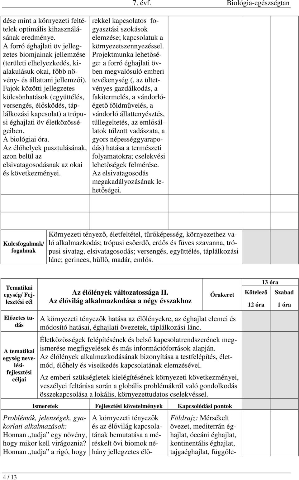 Fajok közötti jellegzetes kölcsönhatások (együttélés, versengés, élősködés, táplálkozási kapcsolat) a trópusi éghajlati öv életközösségeiben. A biológiai óra.