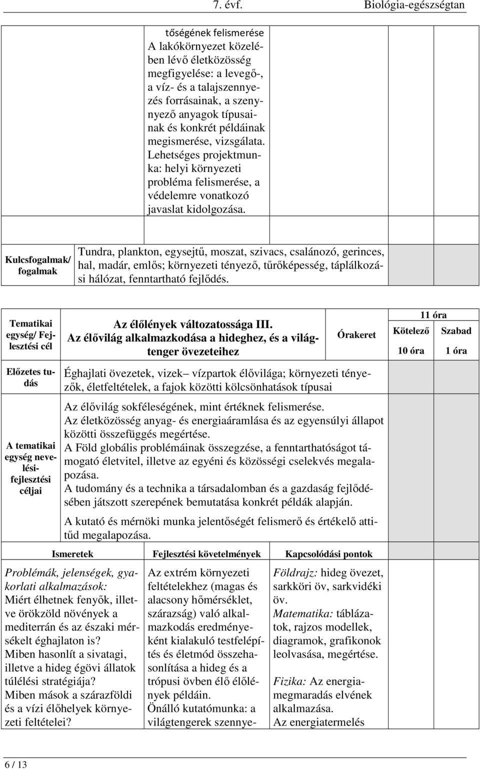 Biológia-egészségtan Kulcsfogalmak/ fogalmak Tundra, plankton, egysejtű, moszat, szivacs, csalánozó, gerinces, hal, madár, emlős; környezeti tényező, tűrőképesség, táplálkozási hálózat, fenntartható