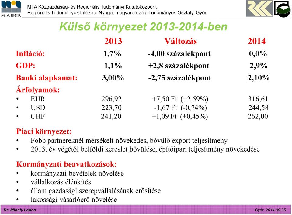 környezet: Főbb partnereknél mérsékelt növekedés, bővülő export teljesítmény 2013.