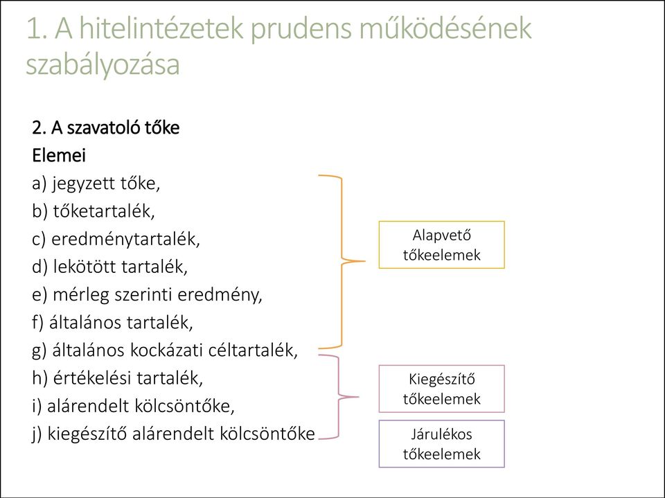 tartalék, e) mérleg szerinti eredmény, f) általános tartalék, g) általános kockázati céltartalék,