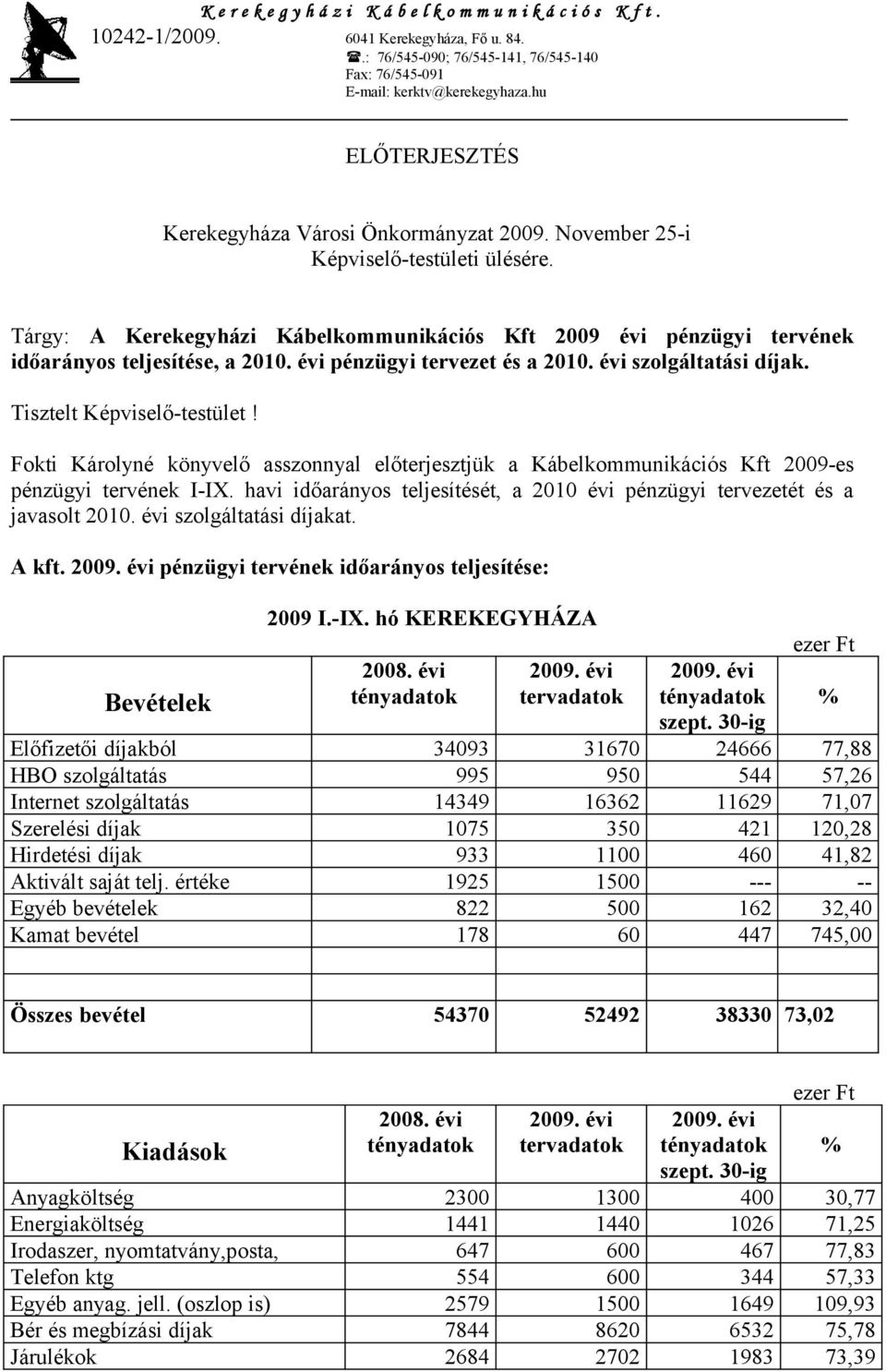 Tárgy: A Kerekegyházi Kábelkommunikációs Kft 2009 évi pénzügyi tervének időarányos teljesítése, a 2010. évi pénzügyi tervezet és a 2010. évi szolgáltatási díjak. Tisztelt Képviselő-testület!