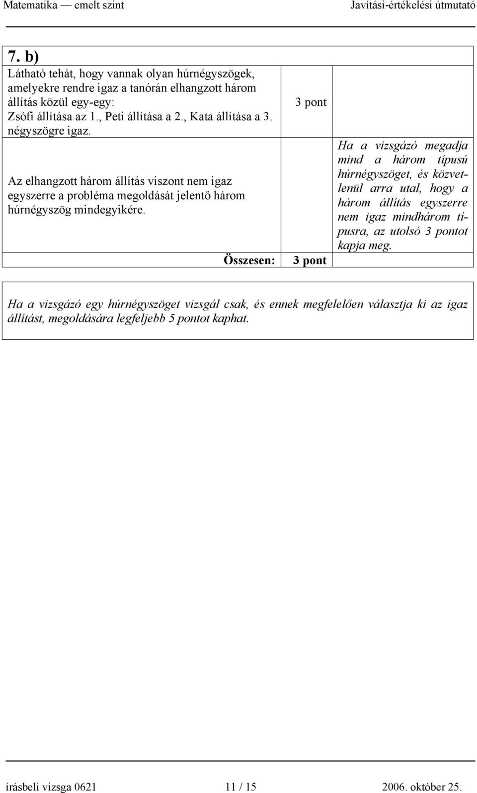 vizsgázó megadja mind a három típusú húrnégyszöget, és közvetlenül arra utal, hogy a három állítás egyszerre nem igaz mindhárom típusra, az utolsó pontot kapja meg Ha a