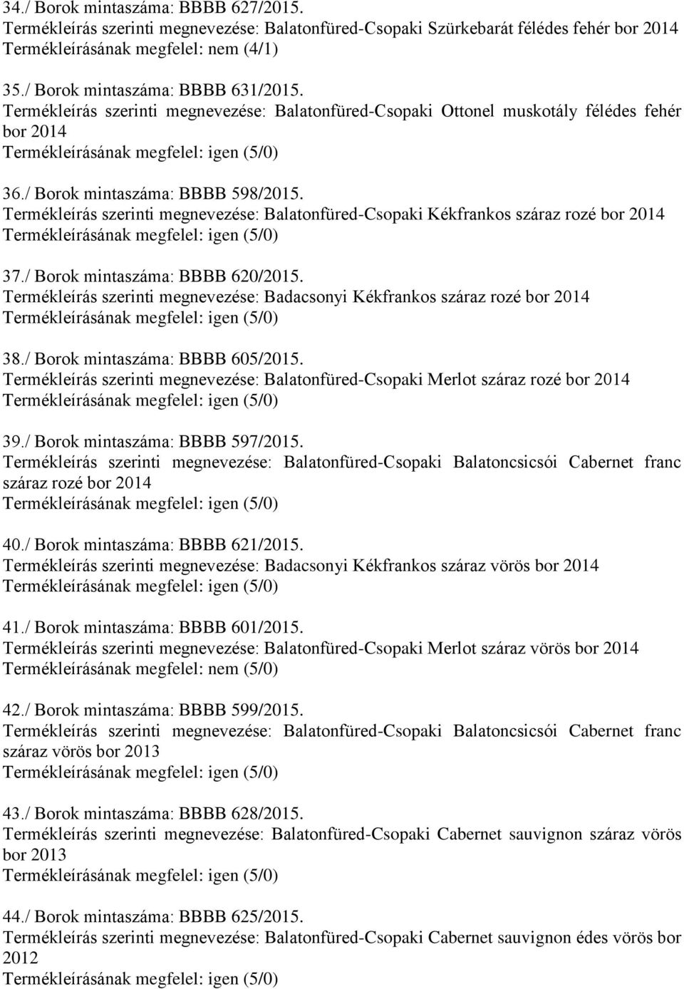 Termékleírás szerinti megnevezése: Balatonfüred-Csopaki Kékfrankos száraz rozé bor 2014 37./ Borok mintaszáma: BBBB 620/2015.