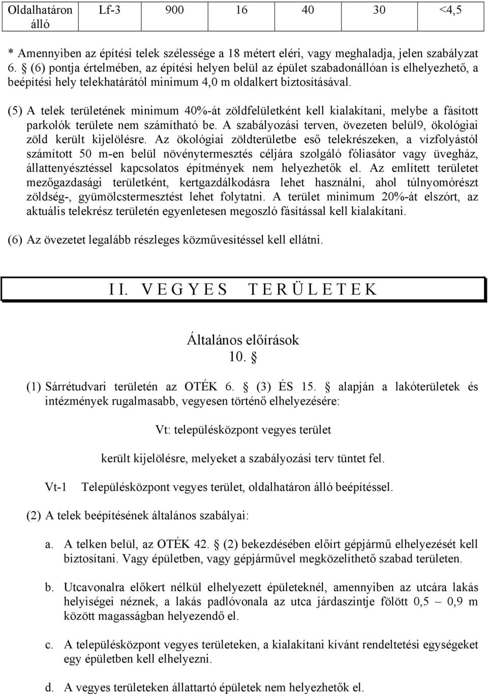 (5) A telek területének minimum 40%-át zöldfelületként kell kialakítani, melybe a fásított parkolók területe nem számítható be.