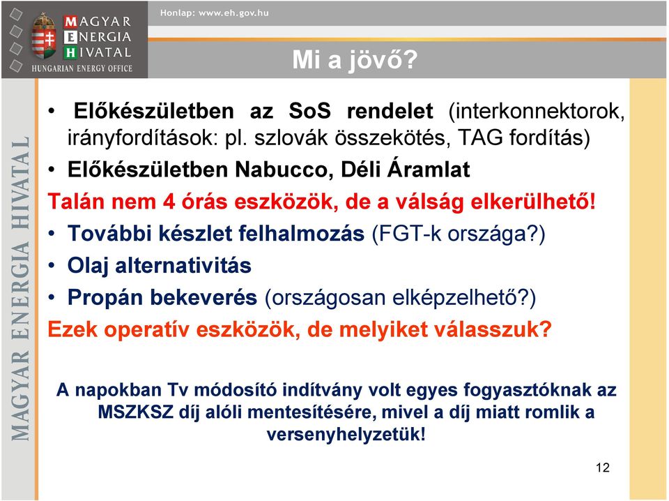 További készlet felhalmozás (FGT-k országa?) Olaj alternativitás Propán bekeverés (országosan elképzelhetı?