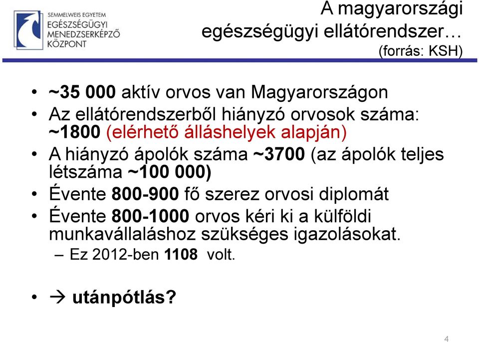 ~3700 (az ápolók teljes létszáma ~100 000) Évente 800-900 fő szerez orvosi diplomát Évente 800-1000