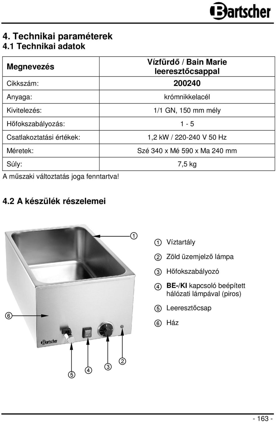 GN, 150 mm mély Hőfokszabályozás: 1-5 Csatlakoztatási értékek: Méretek: Súly: A műszaki változtatás joga fenntartva!