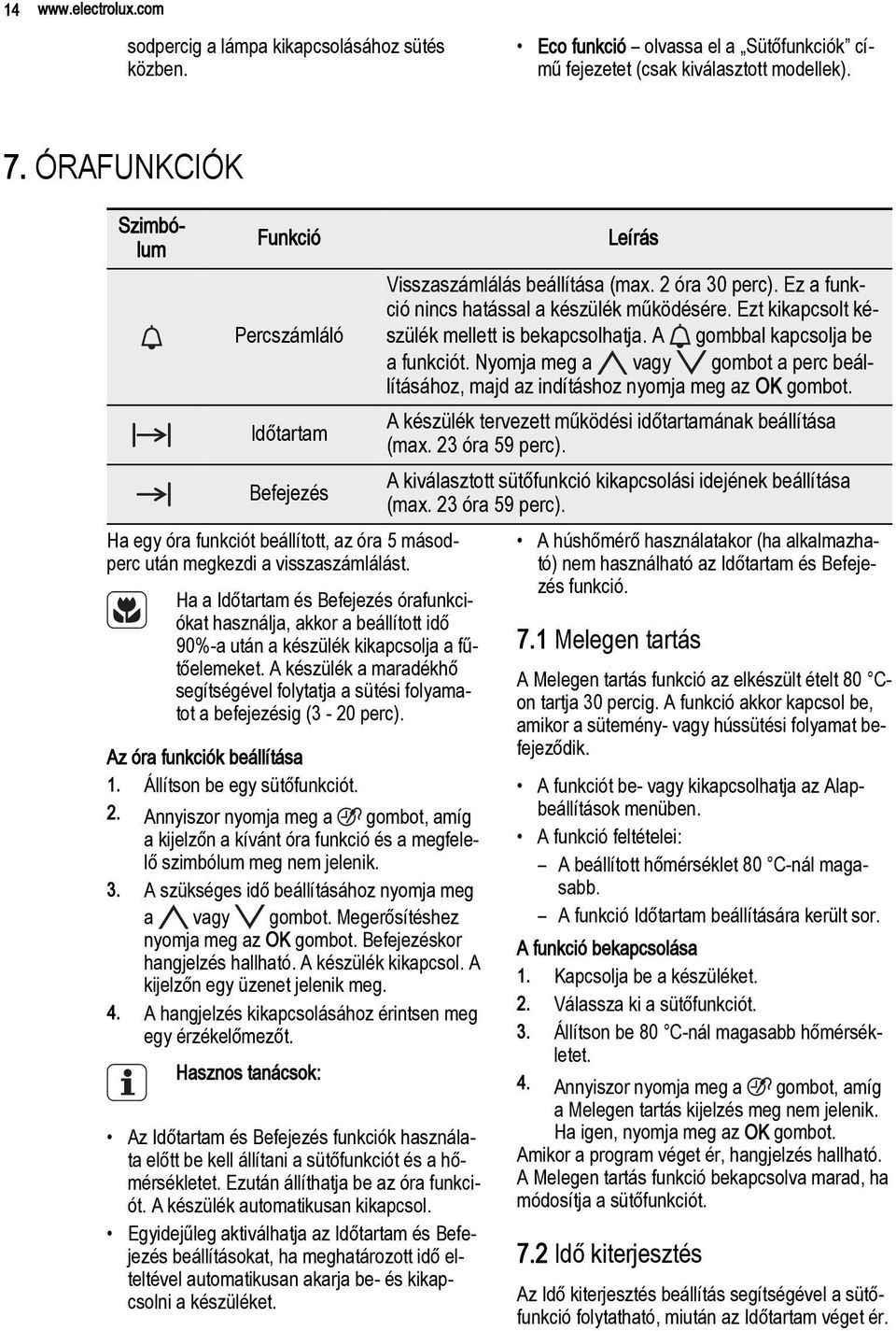 Ha a Időtartam és Befejezés órafunkciókat használja, akkor a beállított idő 90%-a után a készülék kikapcsolja a fűtőelemeket.