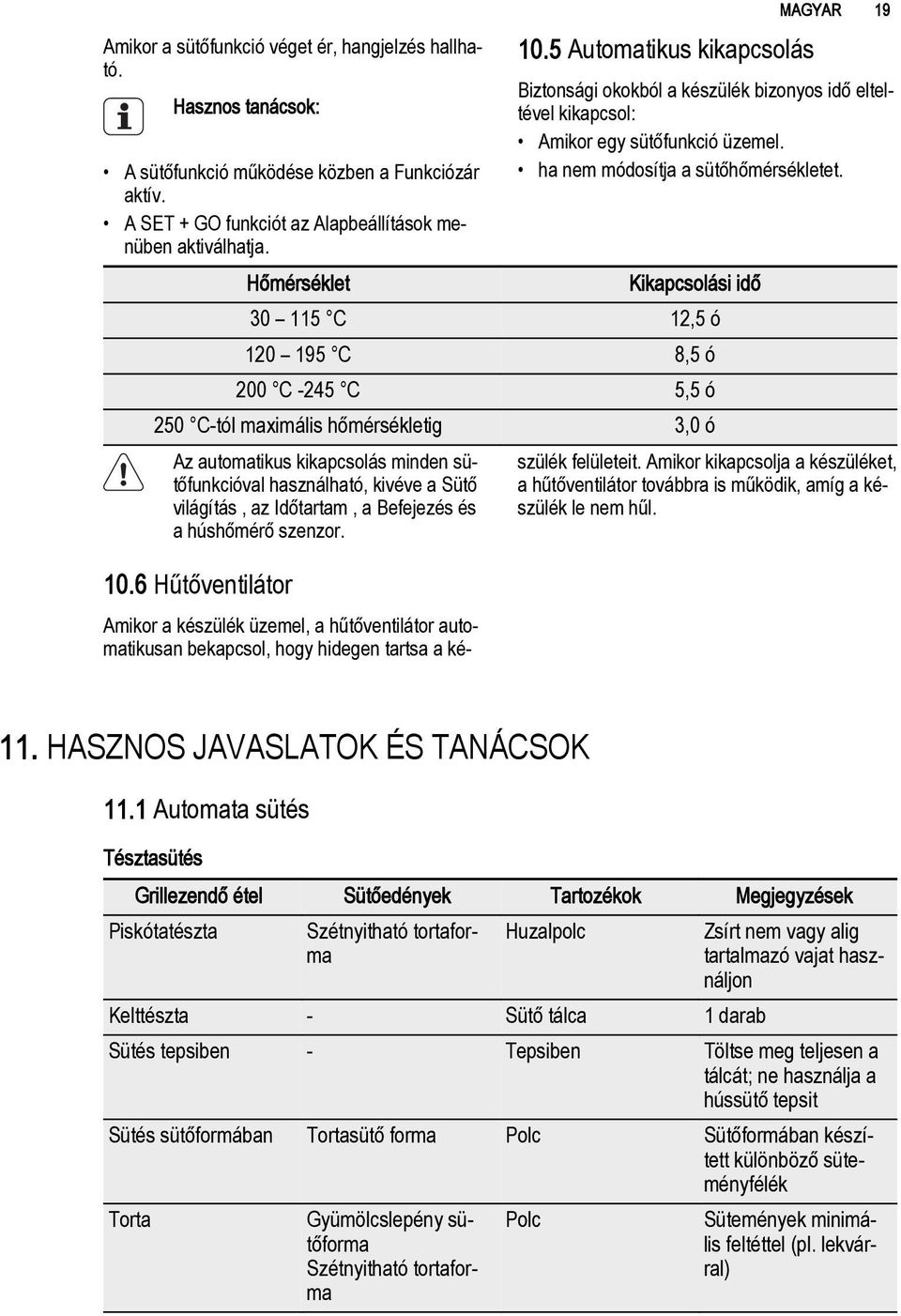 Kikapcsolási idő 30 115 C 12,5 ó 120 195 C 8,5 ó 200 C -245 C 5,5 ó 250 C-tól maximális hőmérsékletig 3,0 ó Az automatikus kikapcsolás minden sütőfunkcióval használható, kivéve a Sütő világítás, az