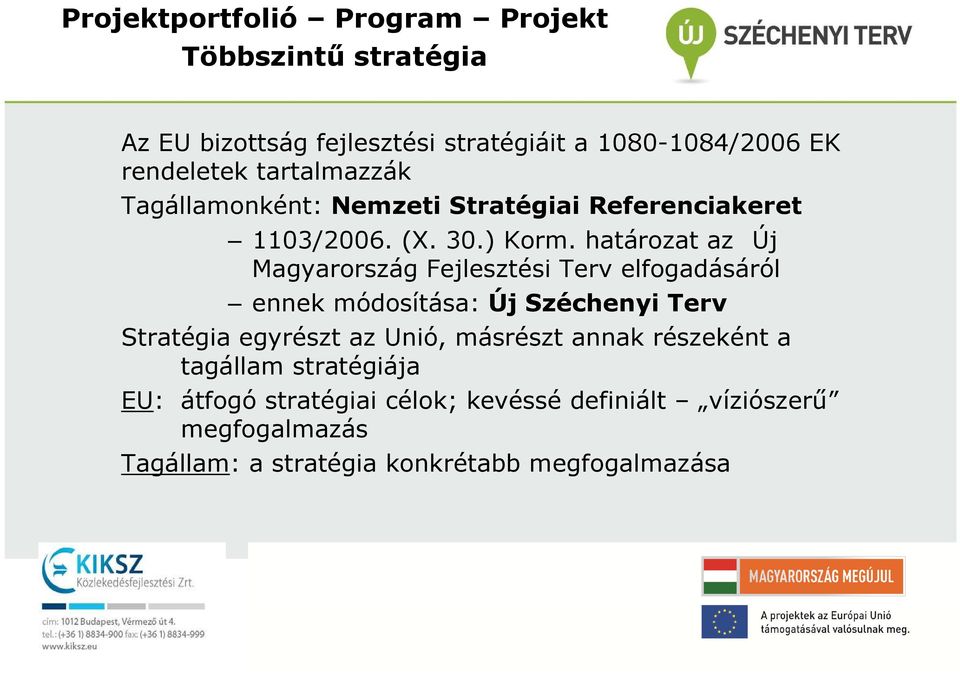 határozat az Új Magyarország Fejlesztési Terv elfogadásáról ennek módosítása: Új Széchenyi Terv Stratégia egyrészt az Unió,