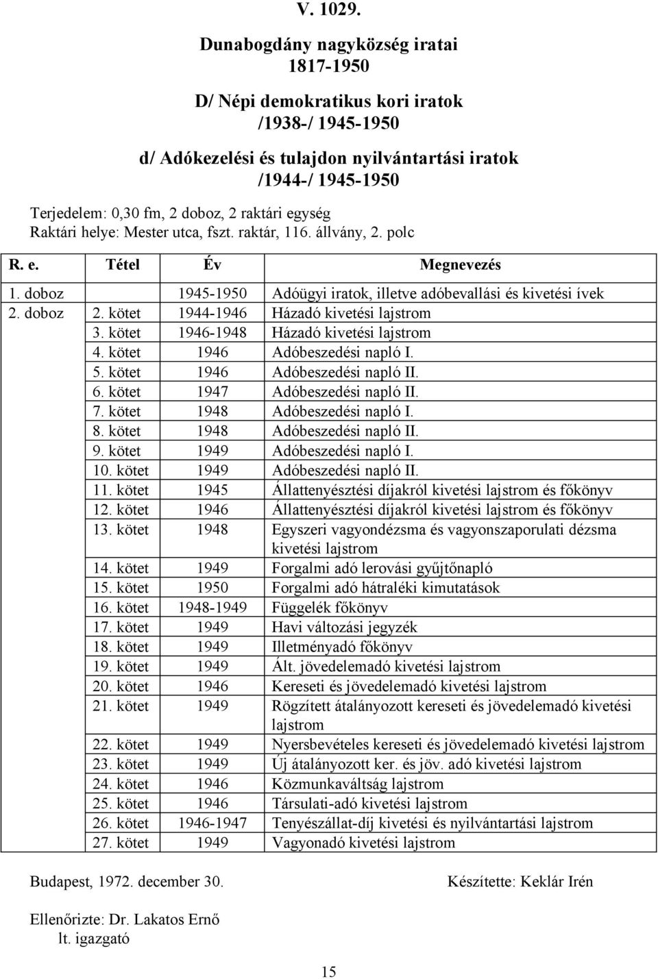 kötet 1946-1948 Házadó kivetési lajstrom 4. kötet 1946 Adóbeszedési napló I. 5. kötet 1946 Adóbeszedési napló II. 6. kötet 1947 Adóbeszedési napló II. 7. kötet 1948 Adóbeszedési napló I. 8.