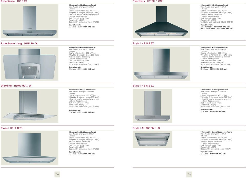 67 db(a) Opció: aktív szénszürő (kód: 27546) IX - Inox - 129900 Ft HKD-vel Rusztikus HT 90 F OW 90 cm széles kürtös páraelszívó Max.