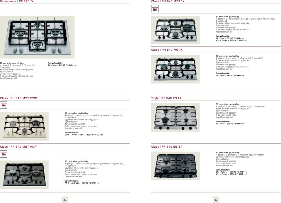 gázfőzőlap 4 gázégő: 1 gyorségő, 2 félgyors égő, 1 segédégő 3 db zománcozott edénytartó rács IX - Inox - 64900 Ft HKD-vel Class PH 640 MST OWR Style PF 640 ES IX 60 cm széles gázfőzőlap 4 gázégő: 1