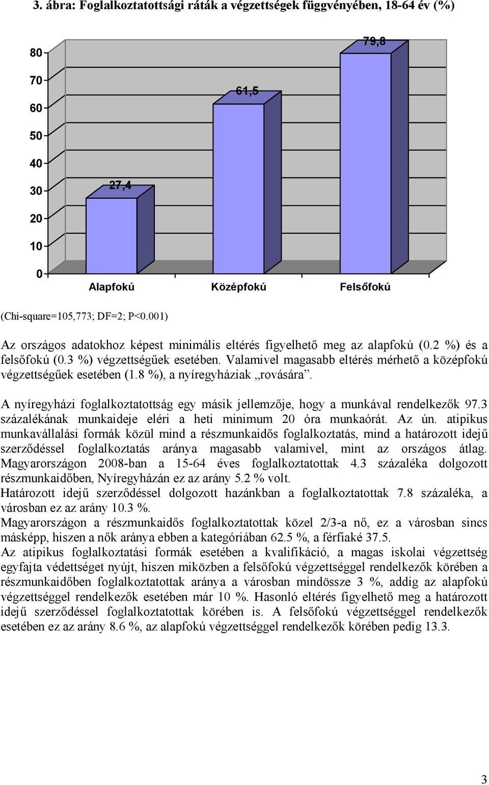 Valamivel magasabb eltérés mérhető a középfokú végzettségűek esetében (1.8 %), a nyíregyháziak rovására. A nyíregyházi foglalkoztatottság egy másik jellemzője, hogy a munkával rendelkezők 97.