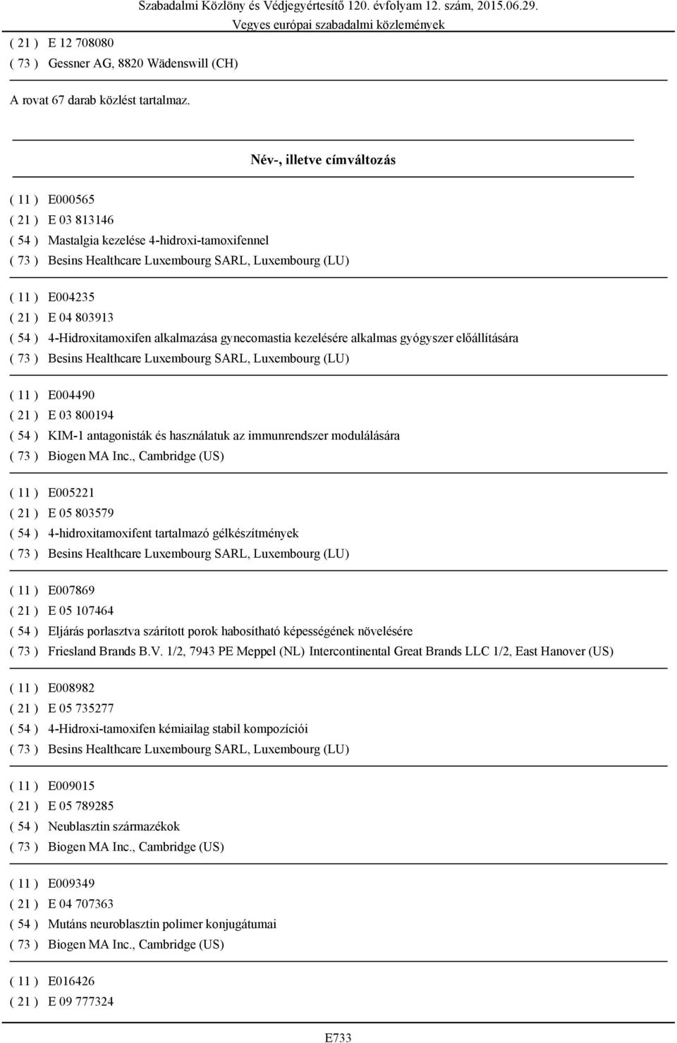 803913 ( 54 ) 4-Hidroxitamoxifen alkalmazása gynecomastia kezelésére alkalmas gyógyszer előállítására ( 73 ) Besins Healthcare Luxembourg SARL, Luxembourg (LU) ( 11 ) E004490 ( 21 ) E 03 800194 ( 54