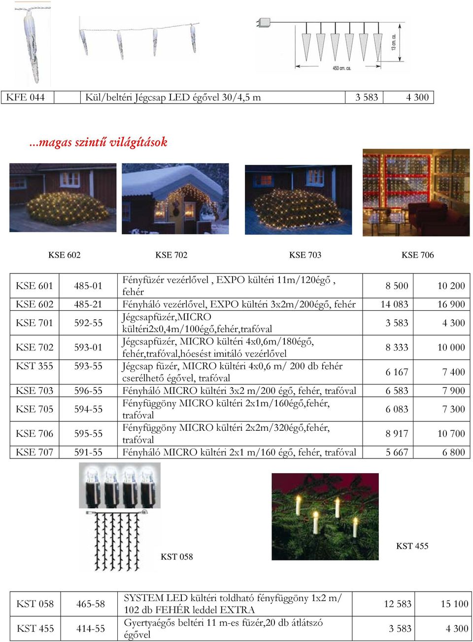 3x2m/200égő, fehér 14 083 16 900 KSE 701 592-55 Jégcsapfüzér,MICRO kültéri2x0,4m/100égő,fehér,trafóval 3 583 4 300 KSE 702 593-01 Jégcsapfüzér, MICRO kültéri 4x0,6m/180égő, fehér,trafóval,hóesést
