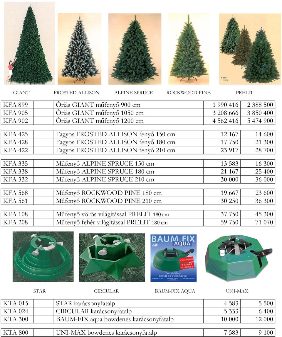 700 KFA 335 Műfenyő ALPINE SPRUCE 150 cm 13 583 16 300 KFA 338 Műfenyő ALPINE SPRUCE 180 cm 21 167 25 400 KFA 332 Műfenyő ALPINE SPRUCE 210 cm 30 000 36 000 KFA 568 Műfenyő ROCKWOOD PINE 180 cm 19