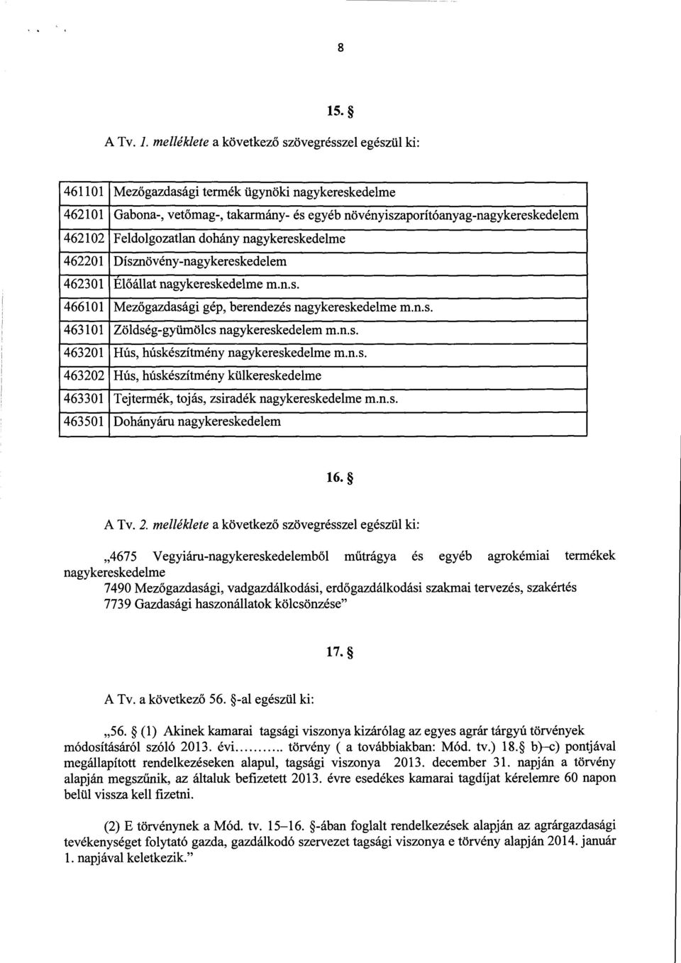 Feldolgozatlan dohány nagykereskedelm e 462201 Dísznövény-nagykereskedele m 462301 Él őállat nagykereskedelme m.n.s. 466101 Mezőgazdasági gép, berendezés nagykereskedelme m.n.s. 463101 Zöldség-gyümölcs nagykereskedelem m.