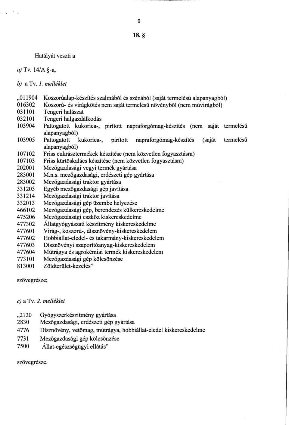 kukorica-, pirított napraforgómag-készítés (saját termelés ű alapanyagból) 107102 Friss cukrásztermékek készítése (nem közvetlen fogyasztásra ) 107103 Friss kürtöskalács készítése (nem közvetlen