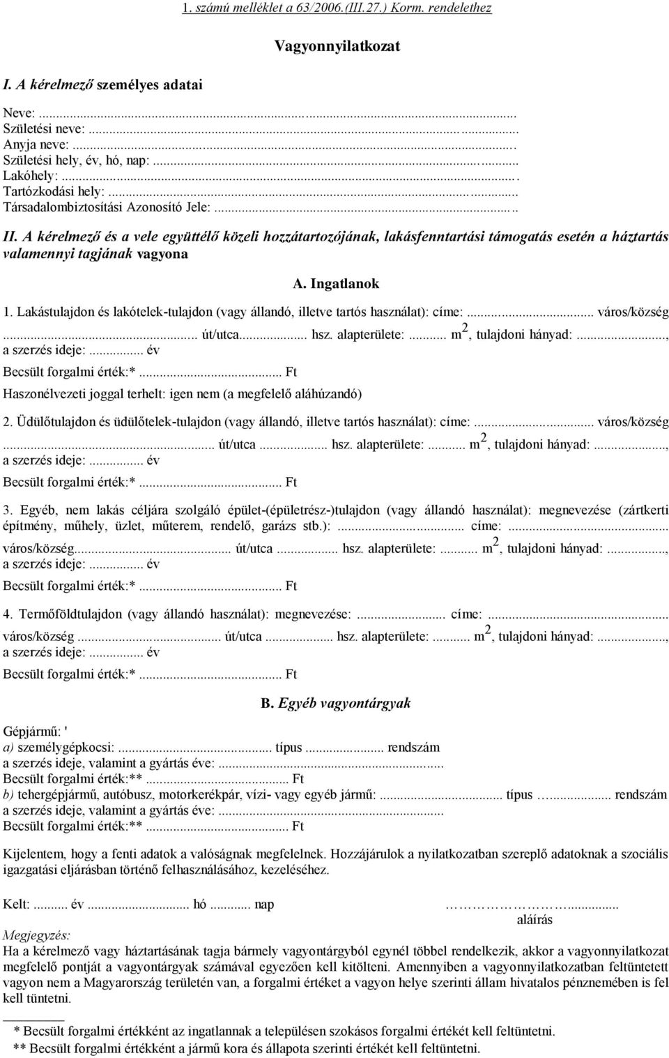 A kérelmező és a vele együttélő közeli hozzátartozójának, lakásfenntartási támogatás esetén a háztartás valamennyi tagjának vagyona A. Ingatlanok 1.