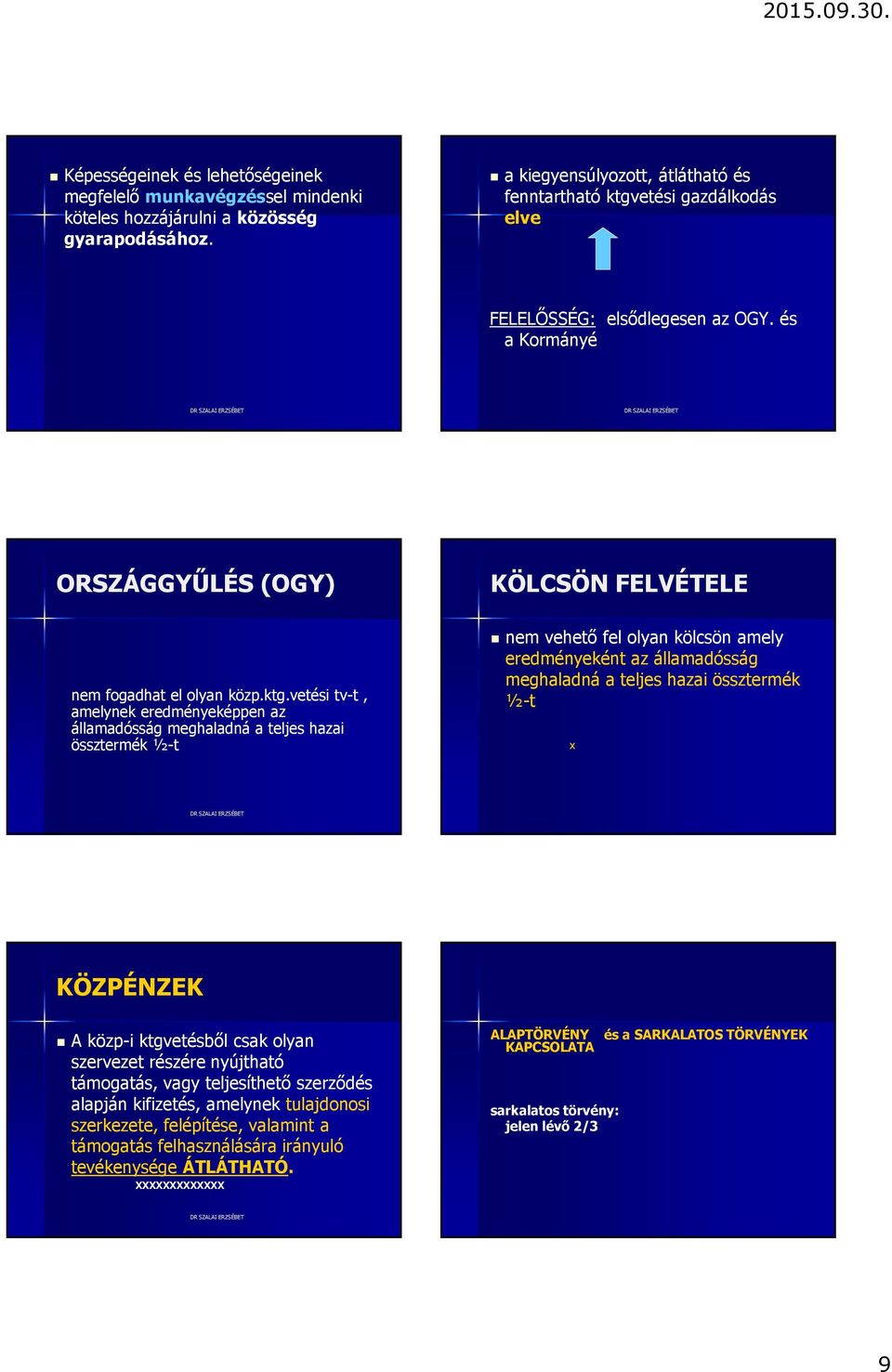 etési gazdálkodás elve FELELŐSSÉG: elsődlegesen az OGY. és a Kormányé ORSZÁGGYŰLÉS (OGY) KÖLCSÖN FELVÉTELE nem fogadhat el olyan közp.ktg.