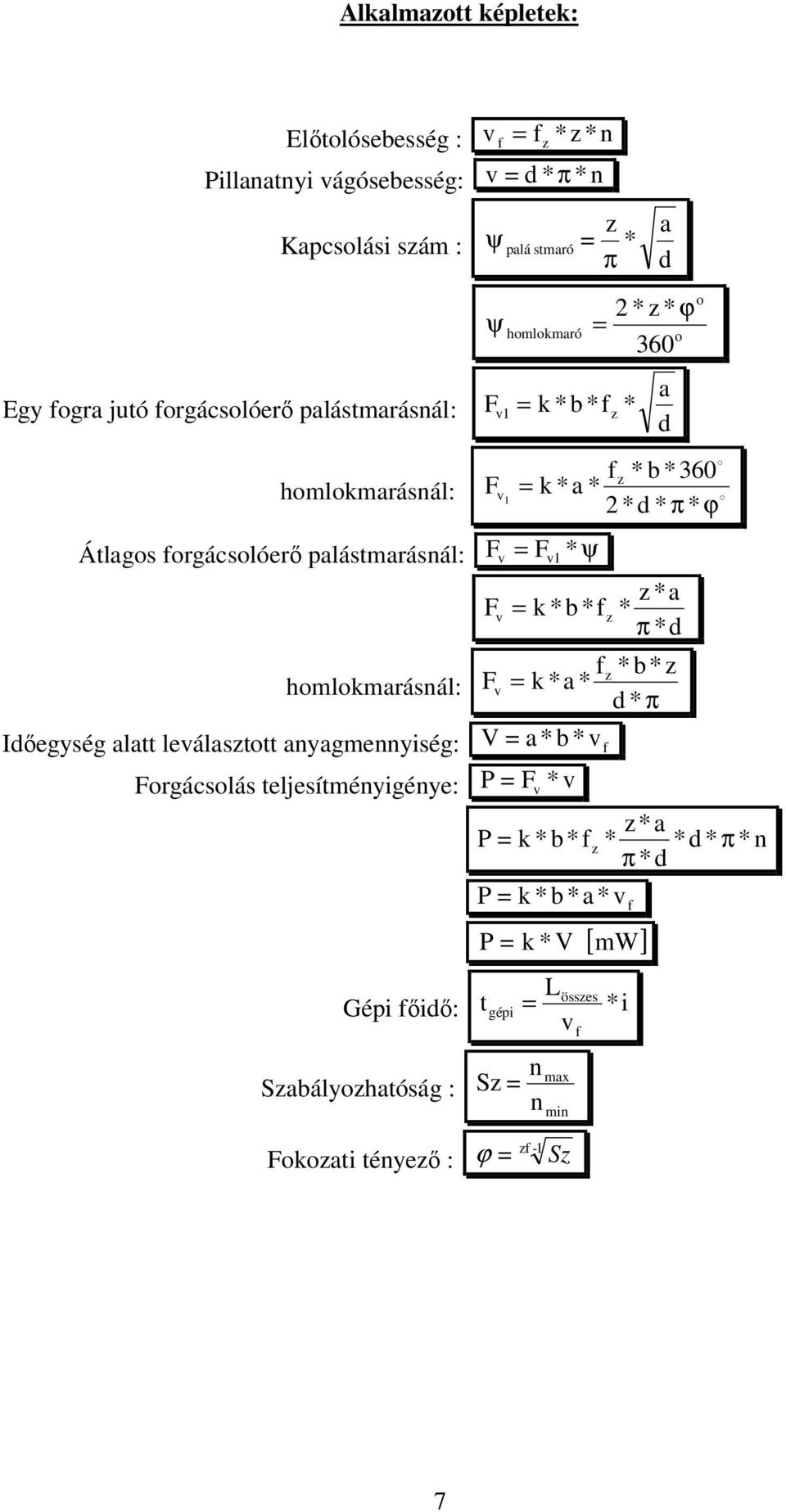 * π * ϕ a = k * b * homlokmarásnál: = k a b * * * * d * π Időegység alatt leálastott anyagmennyiség: V = a * b * orgácsolás teljesítményigénye: P = * P