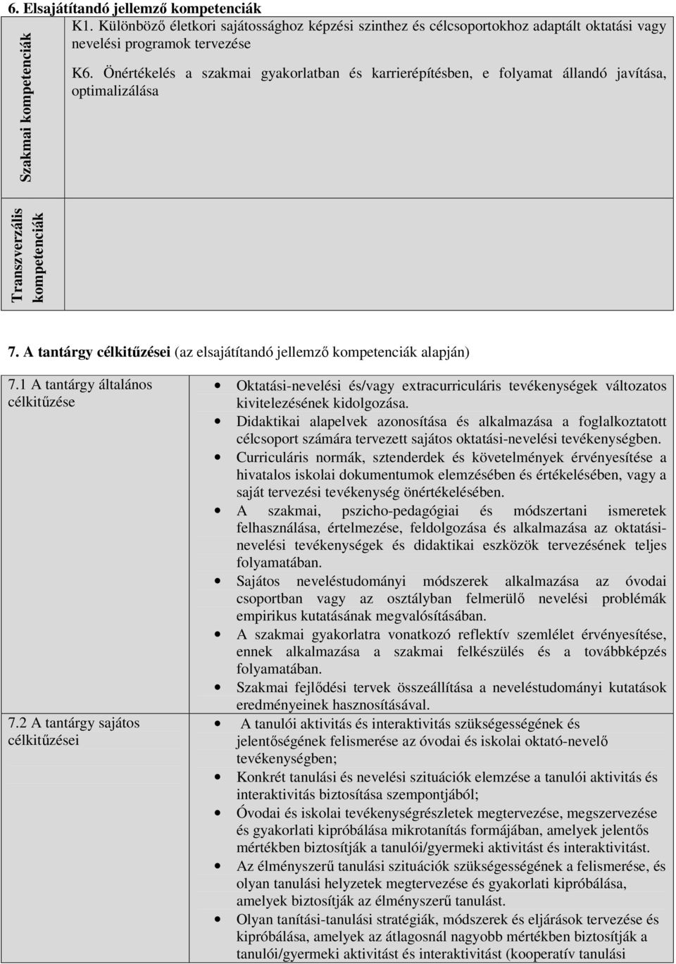 A tantárgy célkitűzései (az elsajátítandó jellemző kompetenciák alapján) 7.1 A tantárgy általános célkitűzése 7.