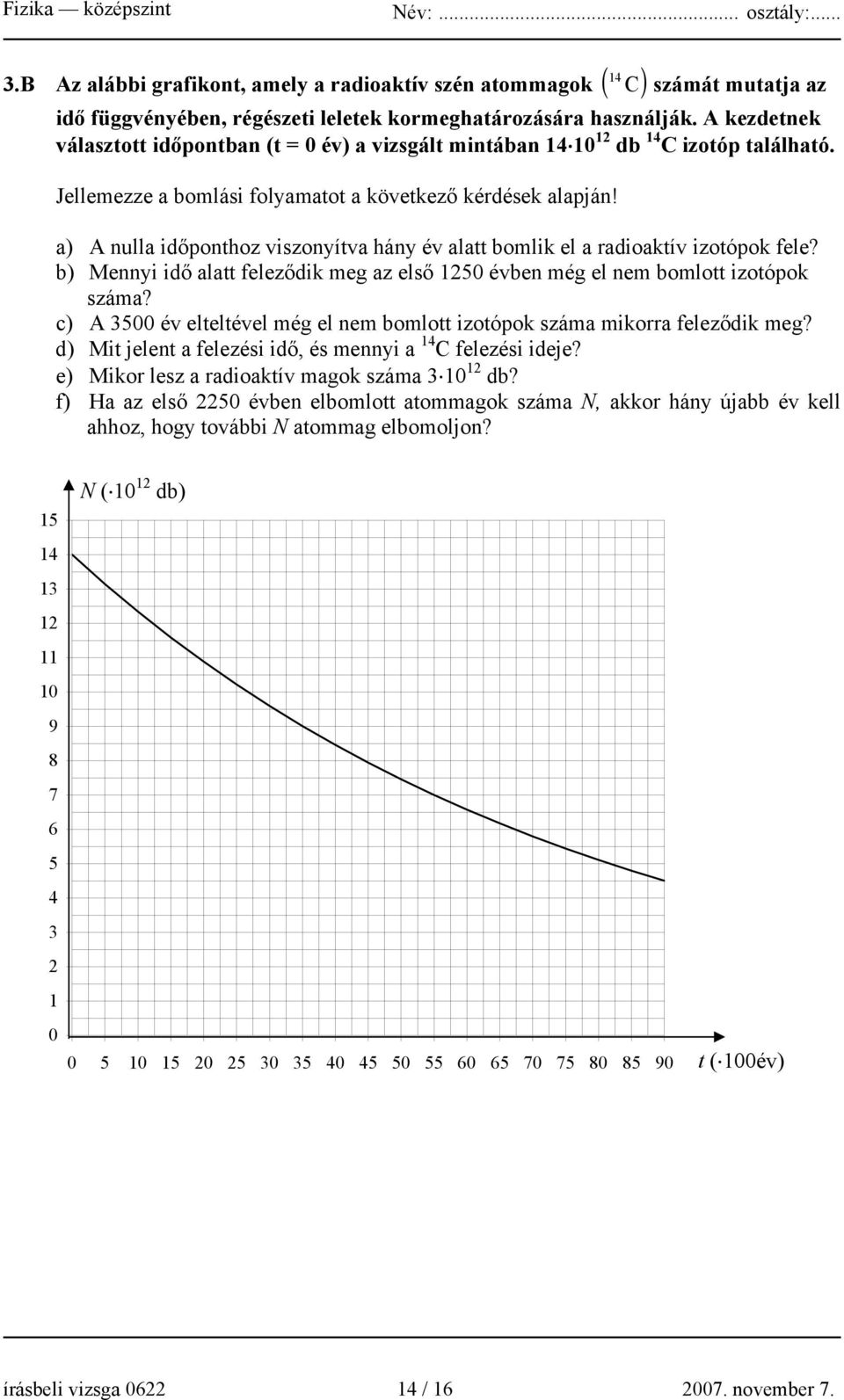 a) A nulla időponthoz viszonyítva hány év alatt bomlik el a radioaktív izotópok fele? b) Mennyi idő alatt feleződik meg az első 1250 évben még el nem bomlott izotópok száma?