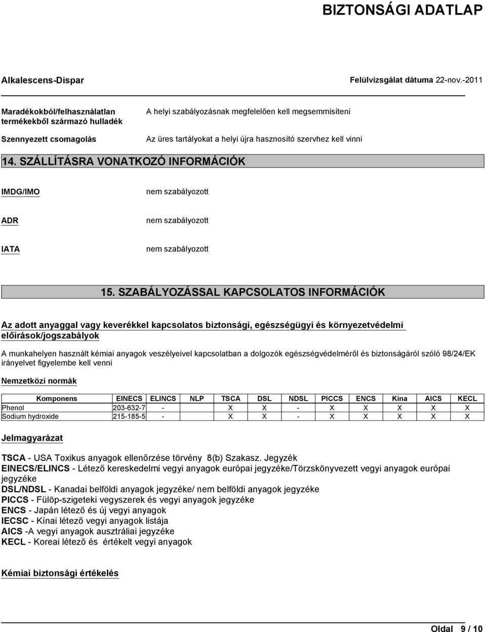 SZABÁLYOZÁSSAL KAPCSOLATOS INFORMÁCIÓK Az adott anyaggal vagy keverékkel kapcsolatos biztonsági, egészségügyi és környezetvédelmi előírások/jogszabályok A munkahelyen használt kémiai anyagok