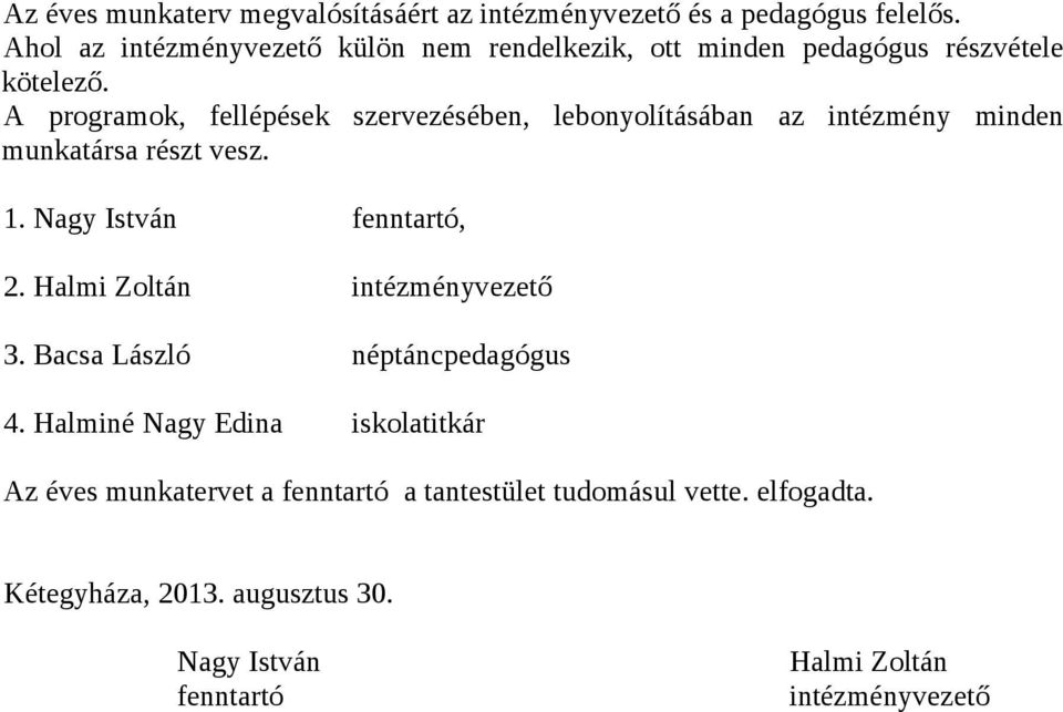 A programok, fellépések szervezésében, lebonyolításában az intézmény minden munkatársa részt vesz. 1. Nagy István fenntartó, 2.