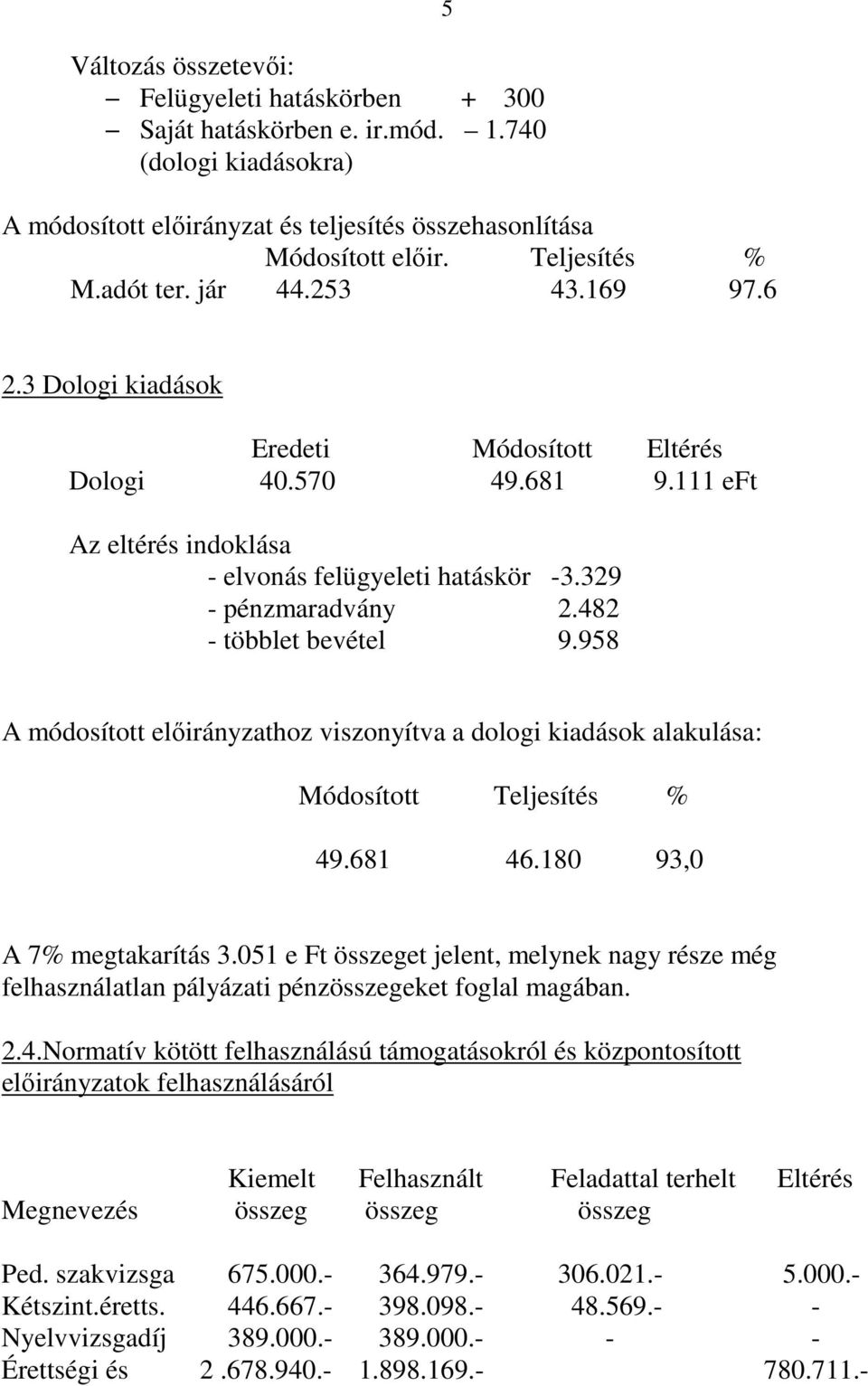 482 - többlet bevétel 9.958 A módosított elıirányzathoz viszonyítva a dologi kiadások alakulása: Módosított Teljesítés % 49.681 46.180 93,0 A 7% megtakarítás 3.