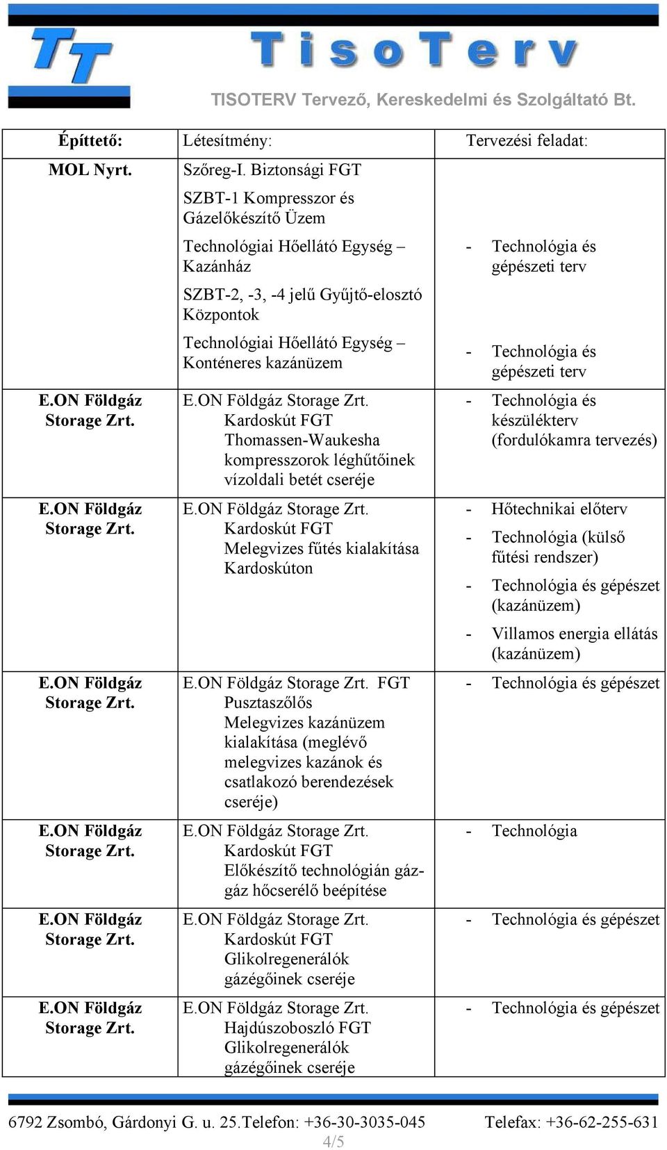 kazánüzem Thomassen-Waukesha kompresszorok léghűtőinek vízoldali betét cseréje Melegvizes fűtés kialakítása Kardoskúton FGT Pusztaszőlős Melegvizes kazánüzem kialakítása (meglévő