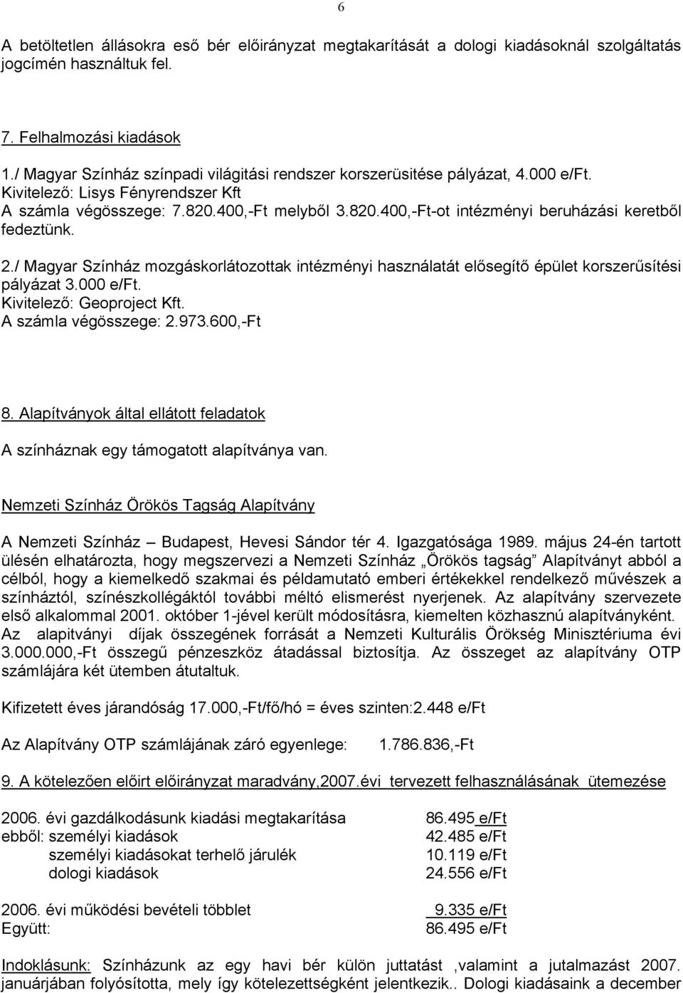 2./ Magyar Színház mozgáskorlátozottak intézményi használatát elősegítő épület korszerűsítési pályázat 3.000 e/ft. Kivitelező: Geoproject Kft. A számla végösszege: 2.973.600,Ft 8.